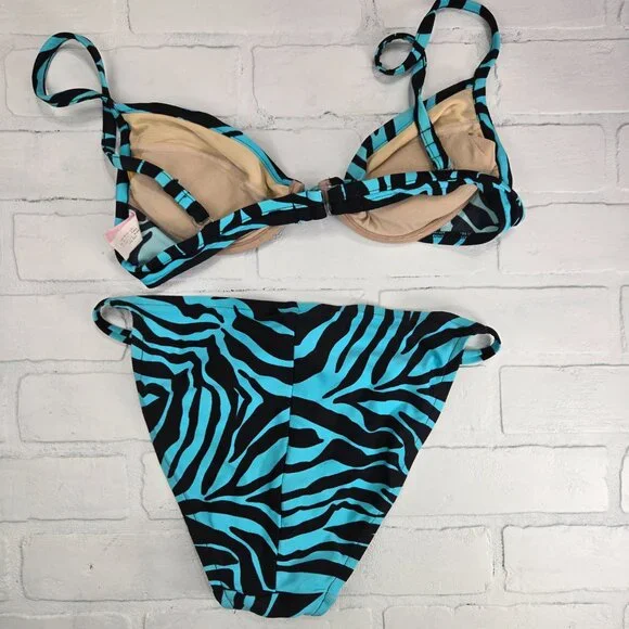 Victoria's Secret Bikini Vintage Y2K Teal Black Zebra Strap 34B Medium - Picture 4 of 4